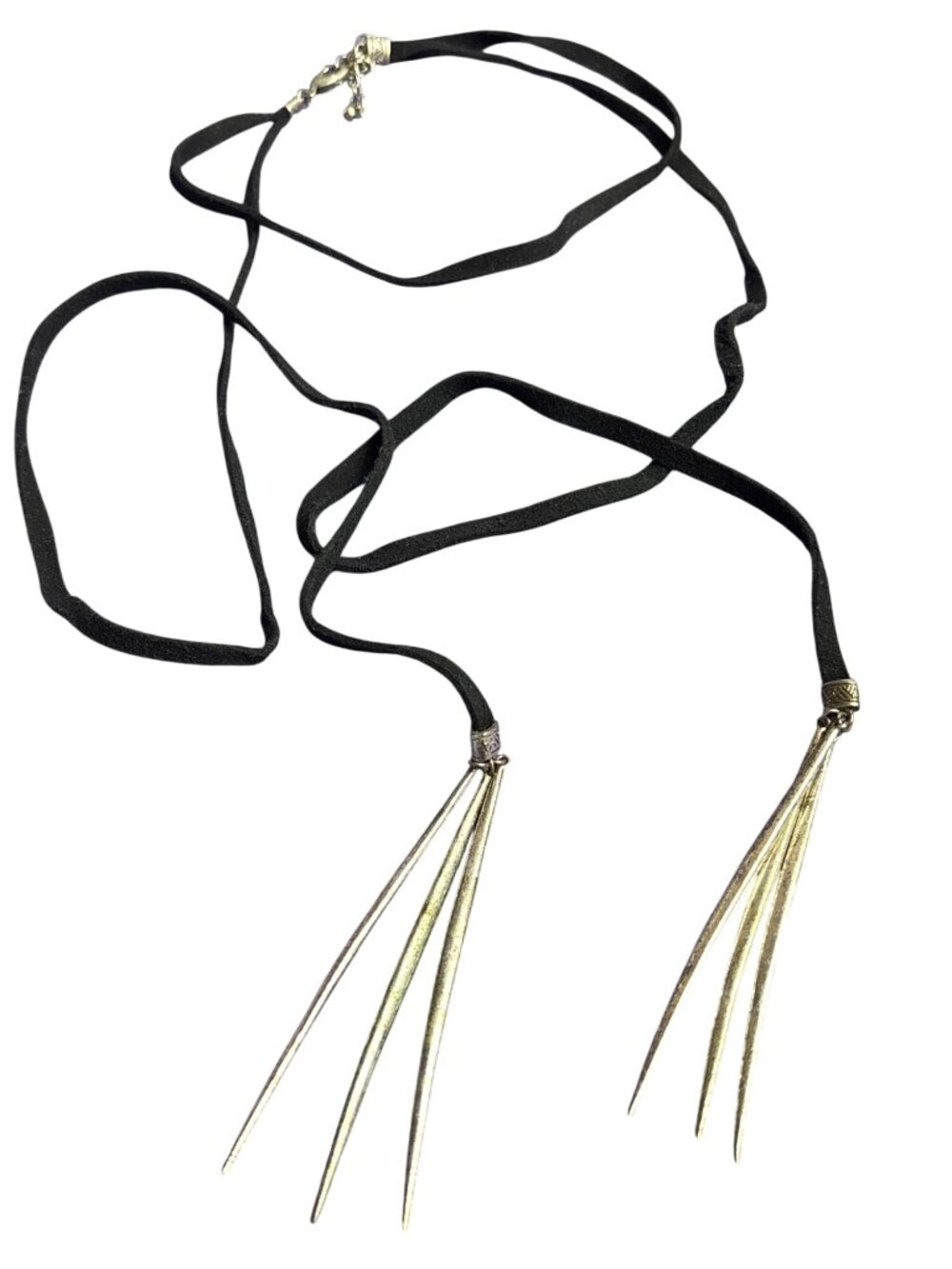 Black Suede Wrap Necklace Choker Silvertone Metal Fringe